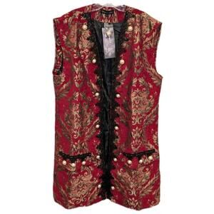 Men's Medium Brocade and Lace Trim Pirate Vest with Pearl Buttons and Black Lace